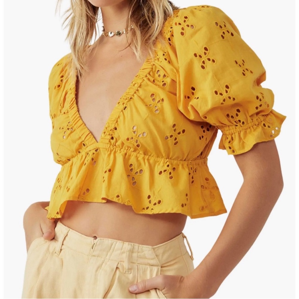 Free People Gardenia Eyelet Crop Top in Mustard Size Medium